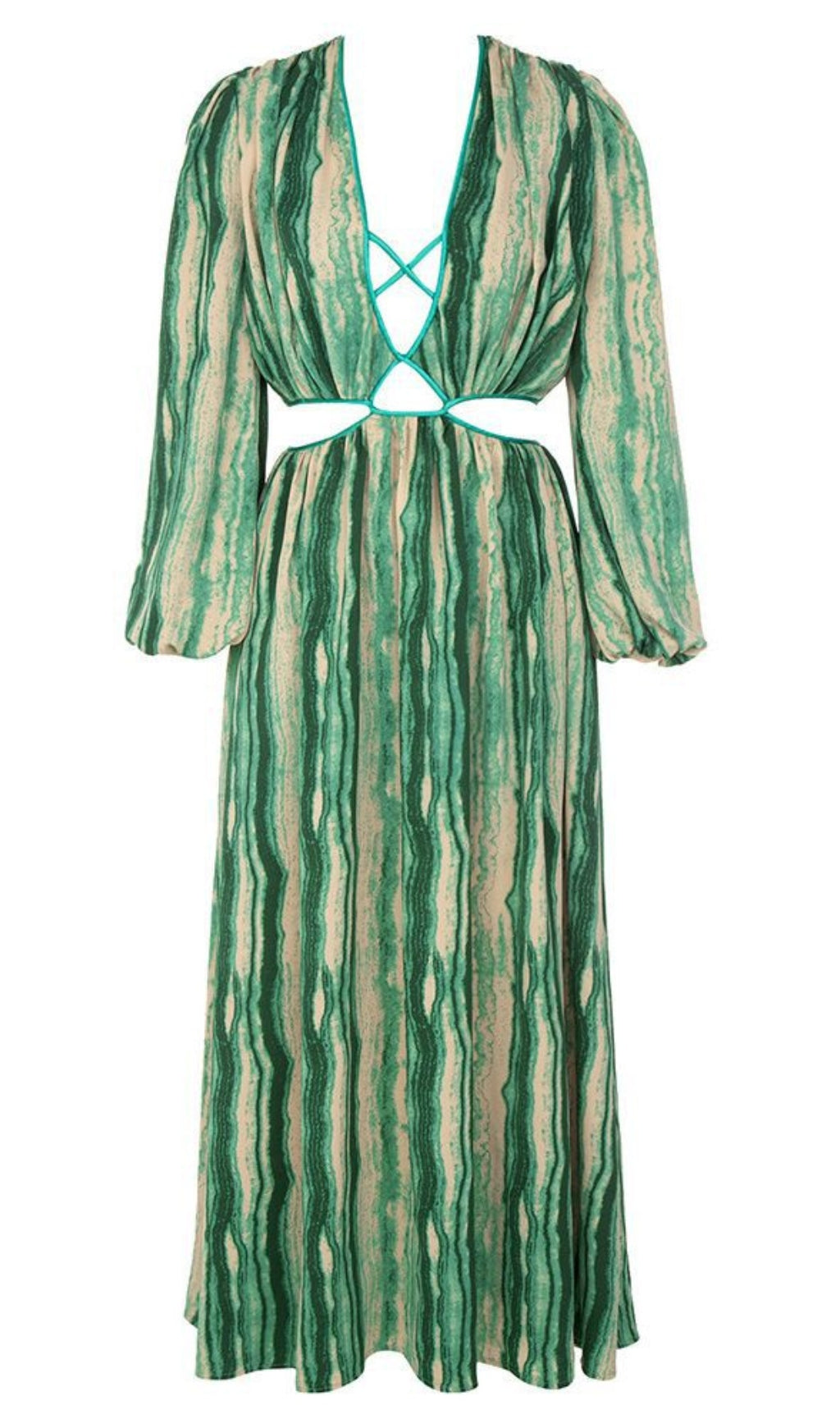 STRIPED CUTOUT V - NECK PUFF - SLEEVE MAXI DRESS IN GREEN