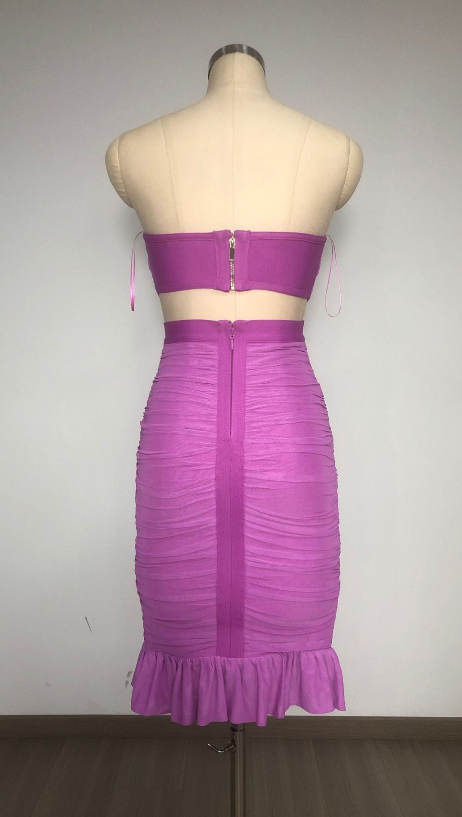 MESH PLEATED BANDAGE MINI DRESS IN PURPLE