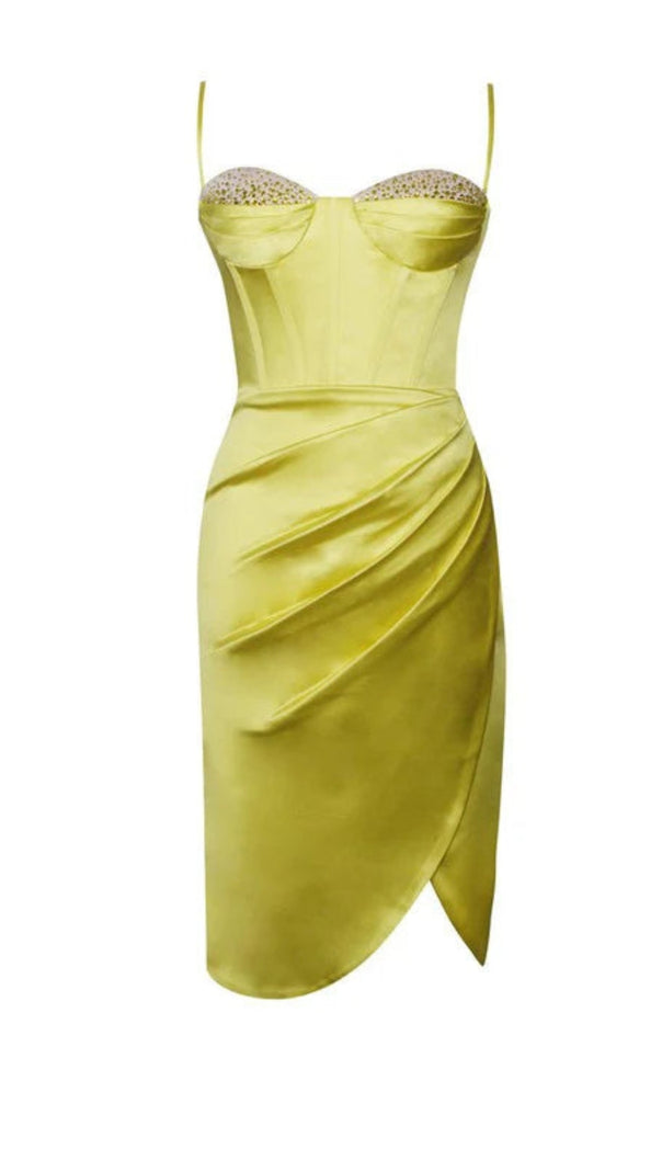 AIIZIE LEMON YELLOW PLEATED SATIN MINI DRESS - product image