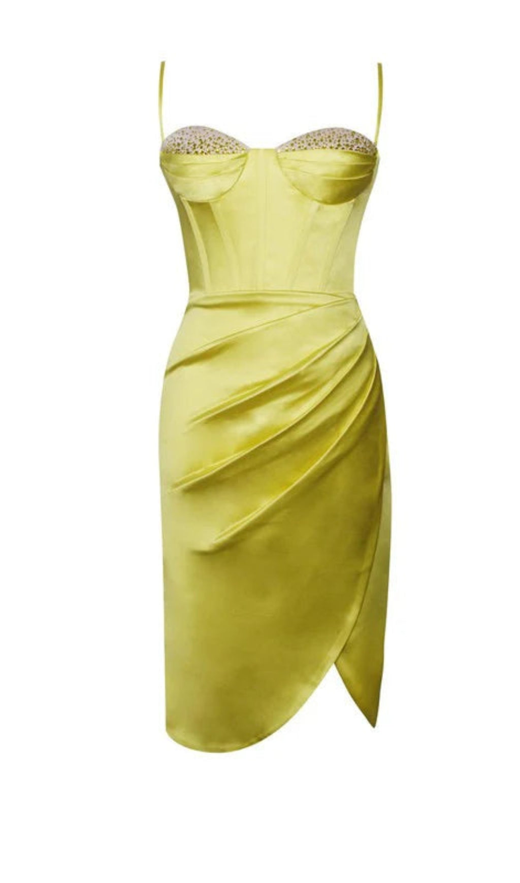 LEMON YELLOW PLEATED SATIN MINI DRESS