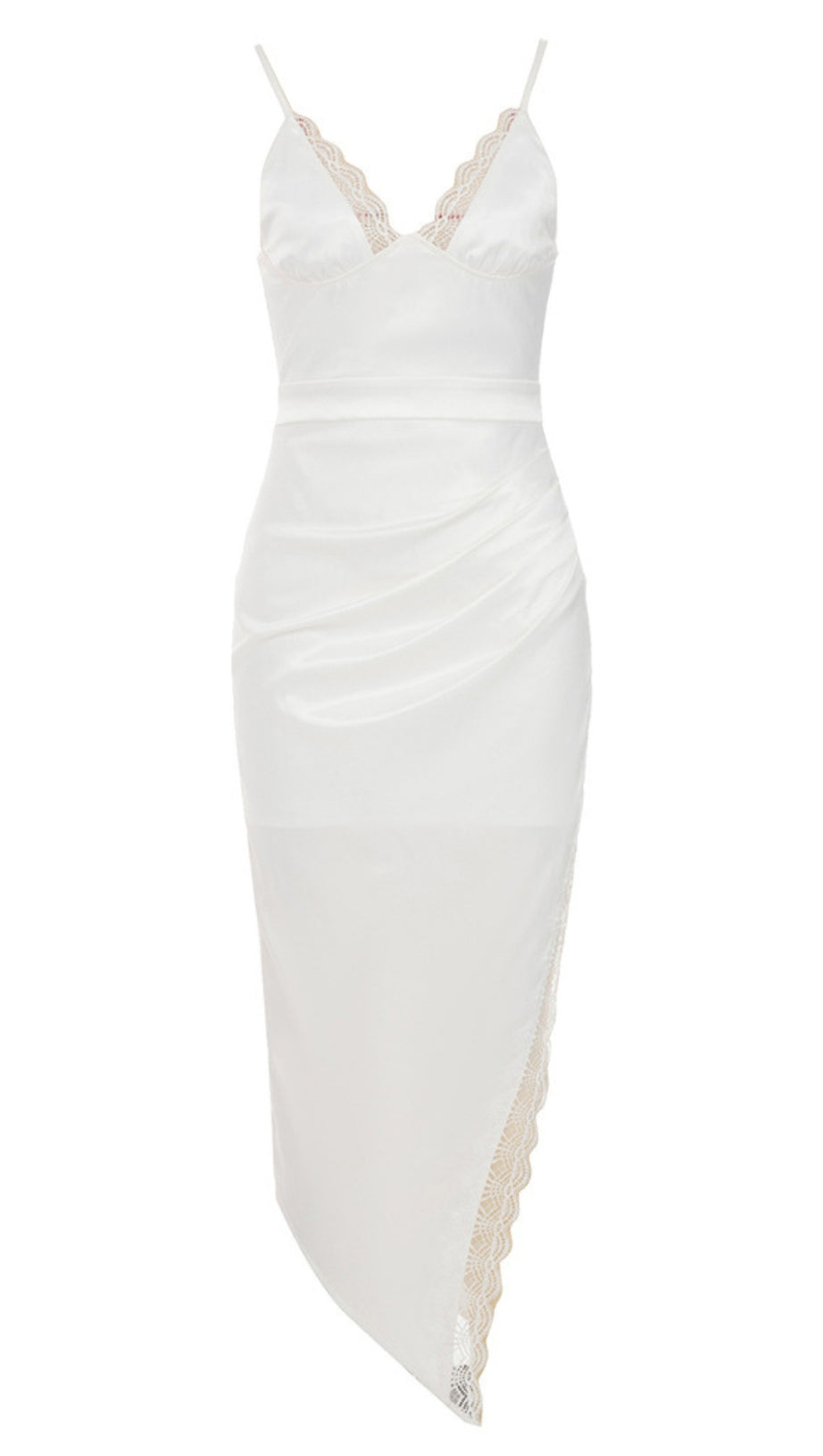 LACE - TRIMMED RUCHED ASYMMETRIC MIDI DRESS IN WHITE