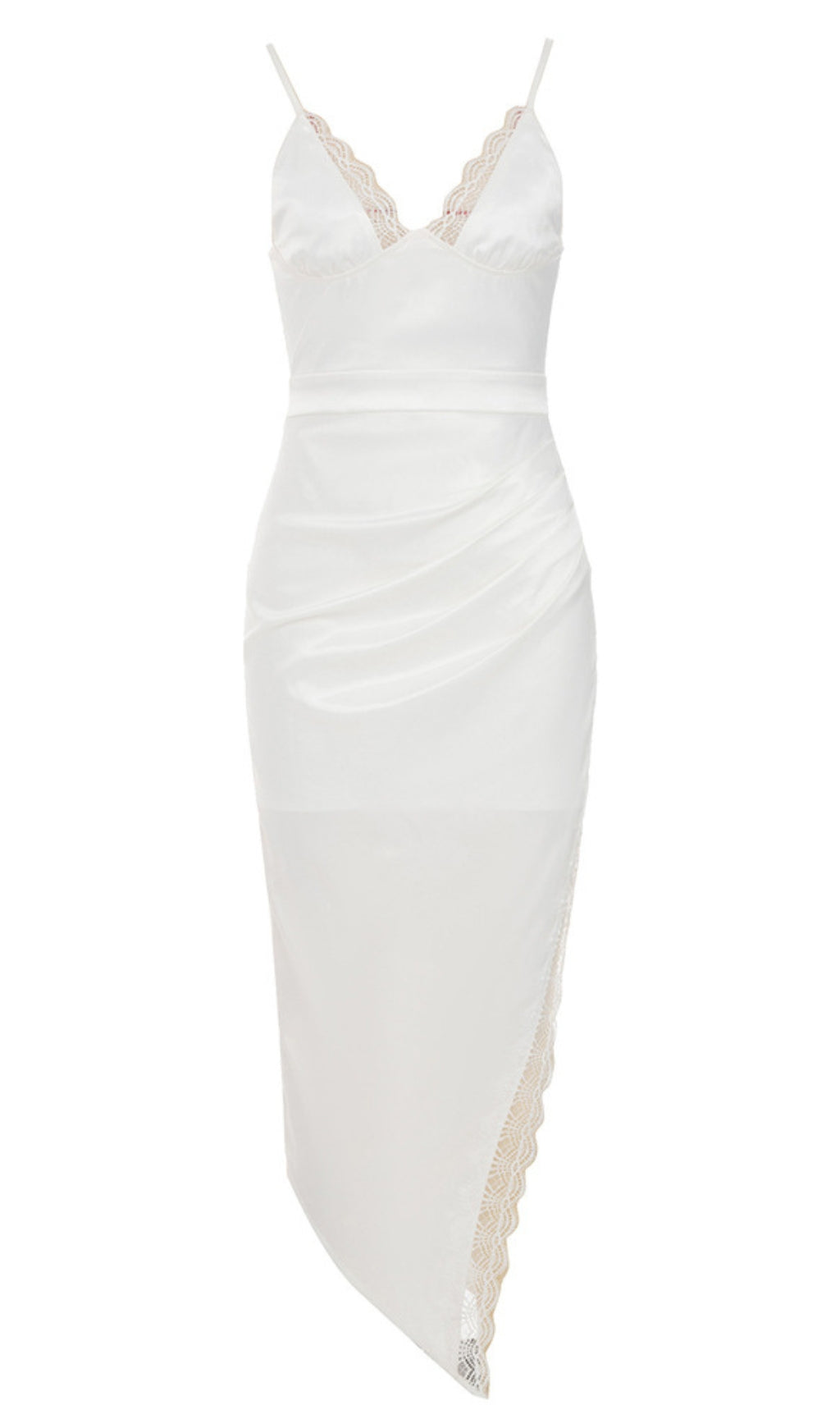LACE - TRIMMED RUCHED ASYMMETRIC MIDI DRESS IN WHITE