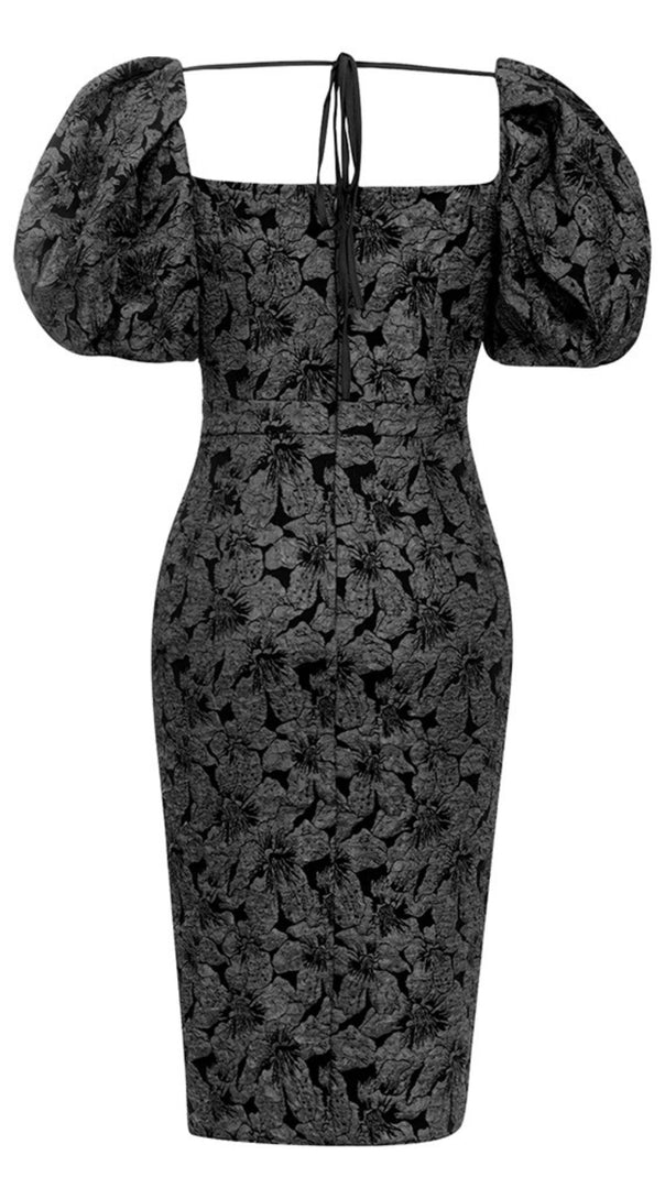 AIIZIE FLORAL - JACQUARD PUFF - SLEEVE SLIT MIDI DRESS IN BLACK - product image