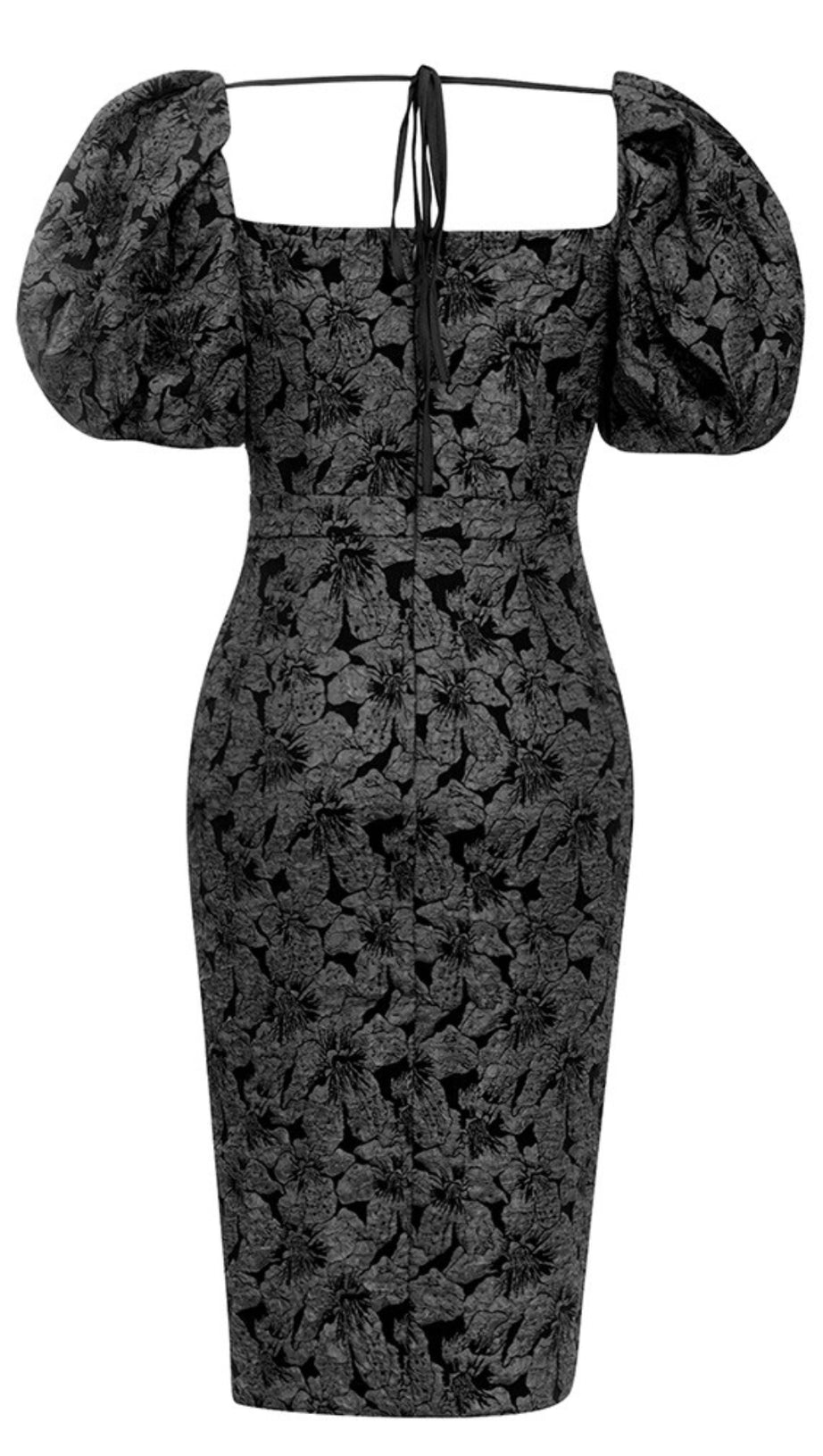 FLORAL - JACQUARD PUFF - SLEEVE SLIT MIDI DRESS IN BLACK