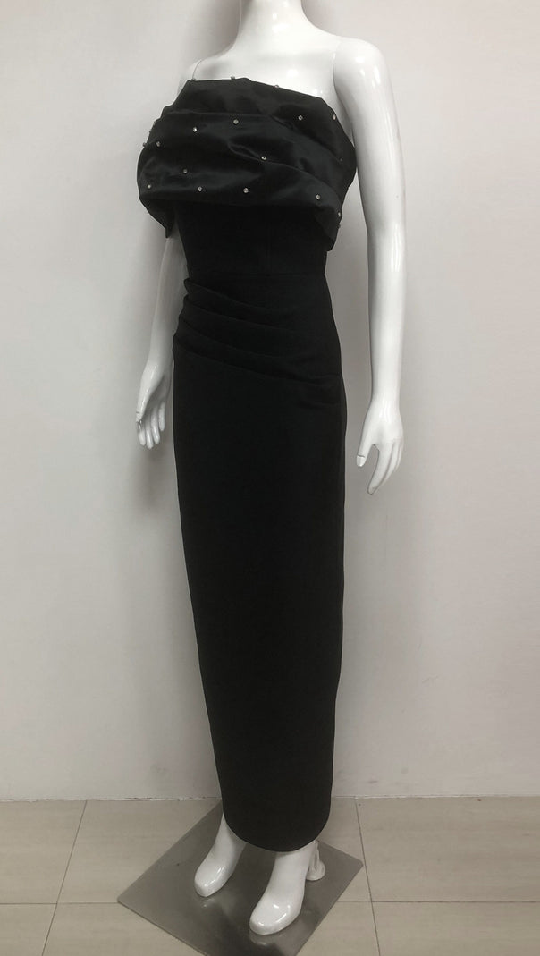 AIIZIE BLACK BEADED OFF SHOULDER RUCHED BODYCON MAXI DRESS - product image