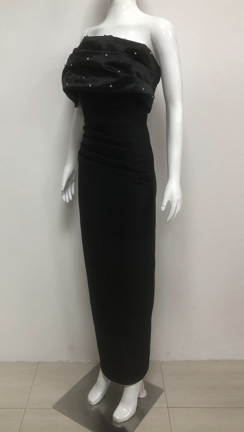 BLACK BEADED OFF SHOULDER RUCHED BODYCON MAXI DRESS