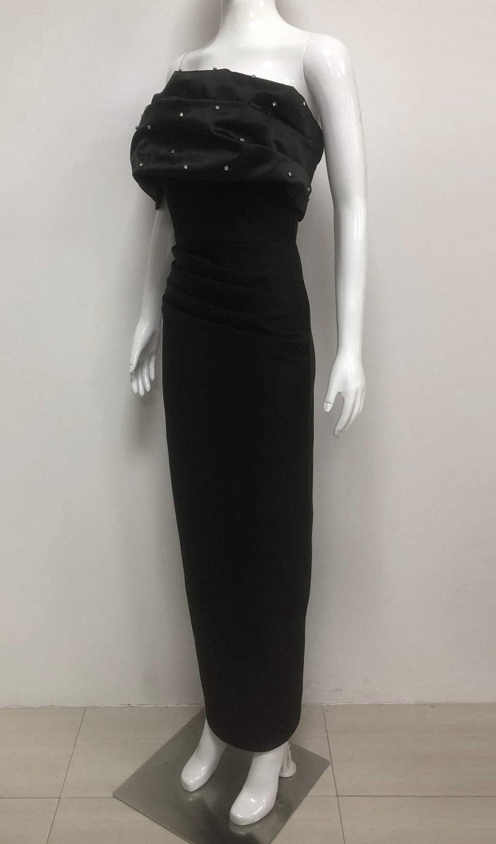 AIIZIE BLACK BEADED OFF SHOULDER RUCHED BODYCON MAXI DRESS - product image