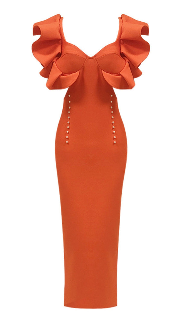 AIIZIE RUFFLED - SLEEVE PEARL - ACCENT BODYCON MIDI DRESS IN ORANGE - product image