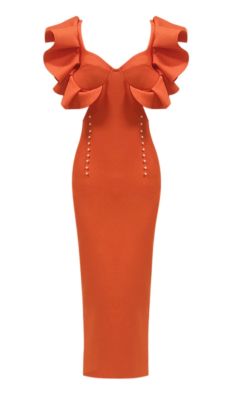 Ruffled - Sleeve Pearl - Accent Bodycon Midi Dress in Orange