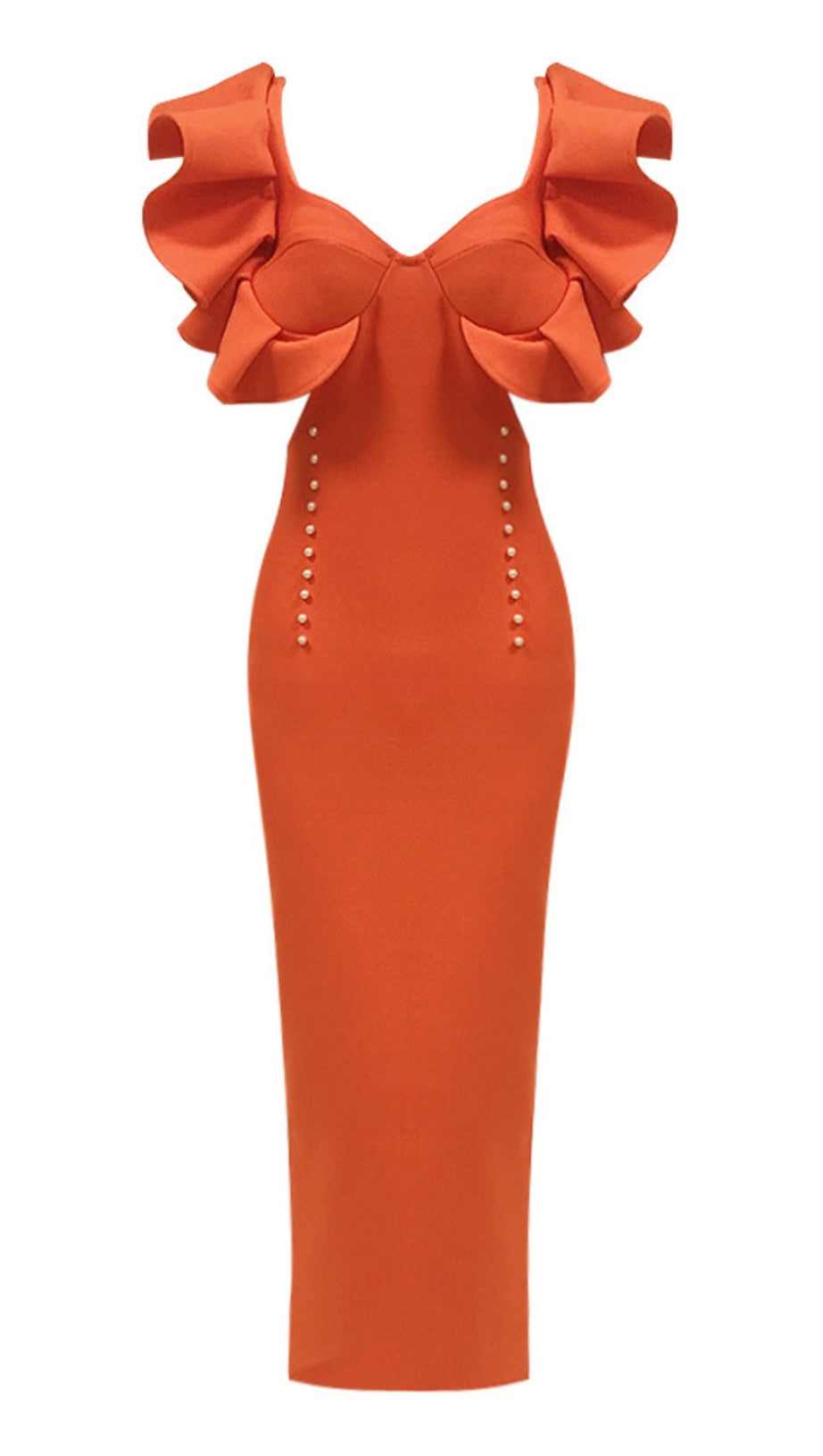RUFFLED - SLEEVE PEARL - ACCENT BODYCON MIDI DRESS IN ORANGE
