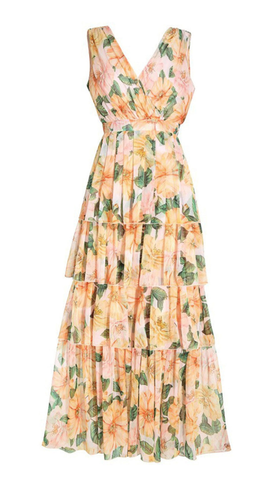 FLORAL - PRINTED V - NECK TIERED MAXI DRESS
