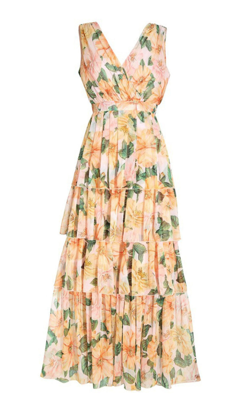 FLORAL - PRINTED V - NECK TIERED MAXI DRESS