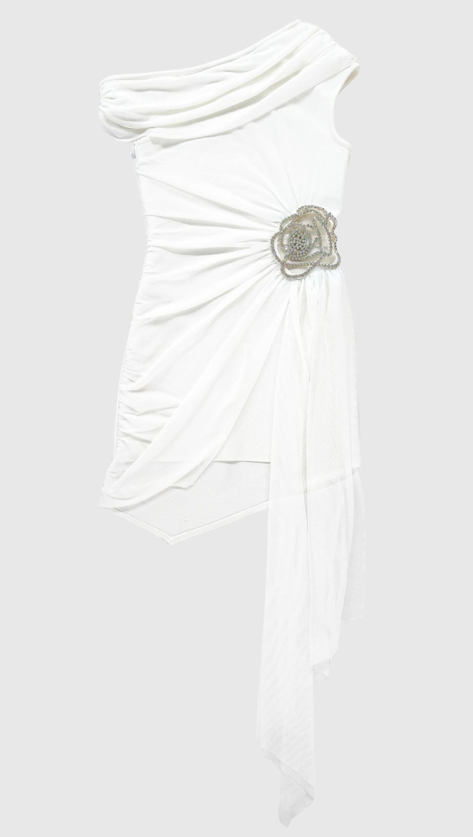 ABITO CORTO MONOSPALLA CON DECORAZIONI FLOREALI JANETT - BIANCO