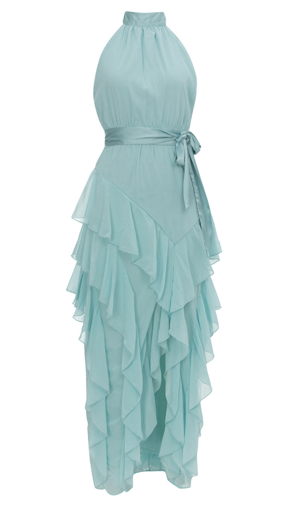 Neckholder-Rüschen - Stufen-Midikleid in Hellblau