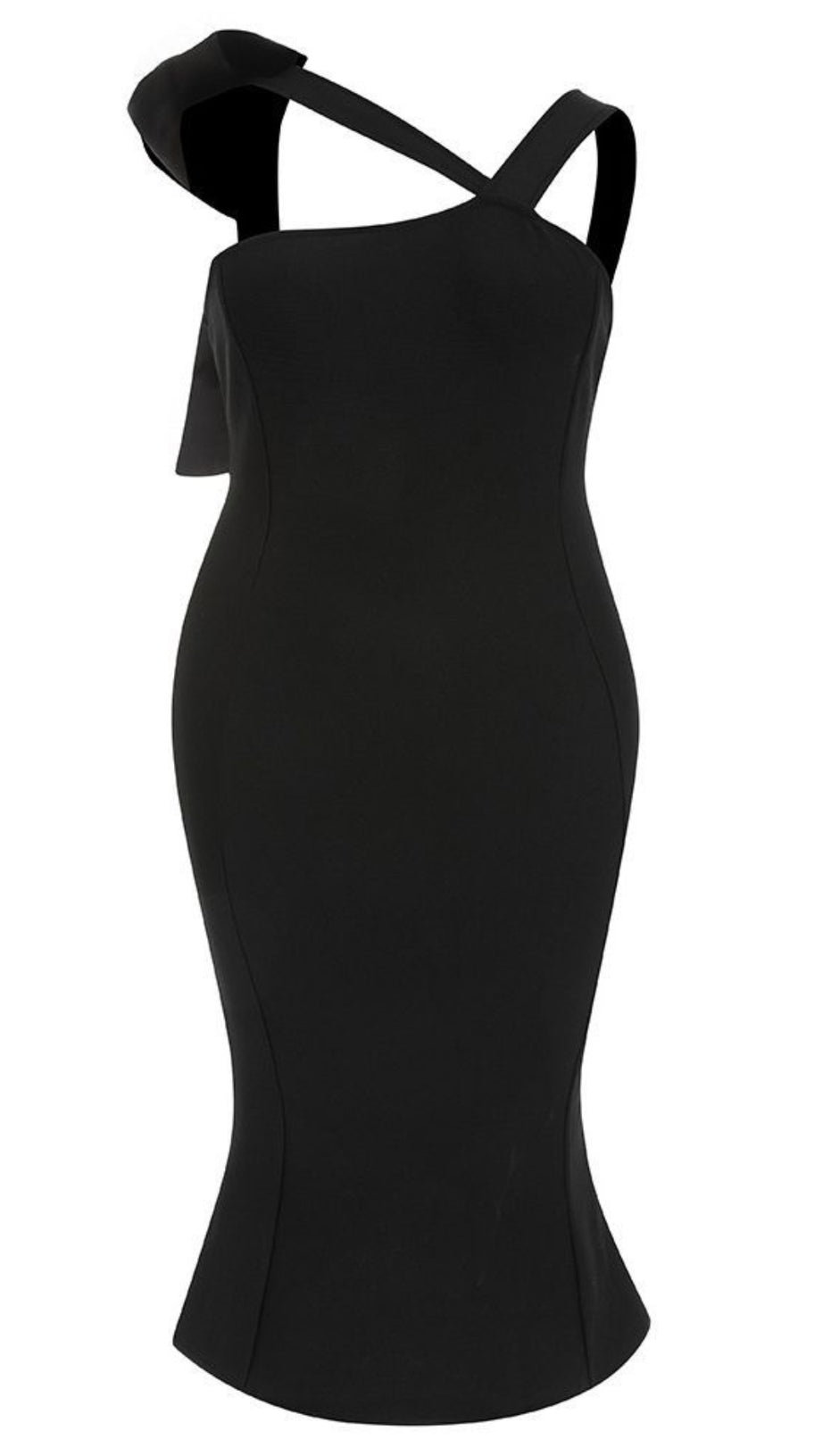 ASYMMETRIC STRAP BOW - DETAIL MIDI DRESS IN BLACK