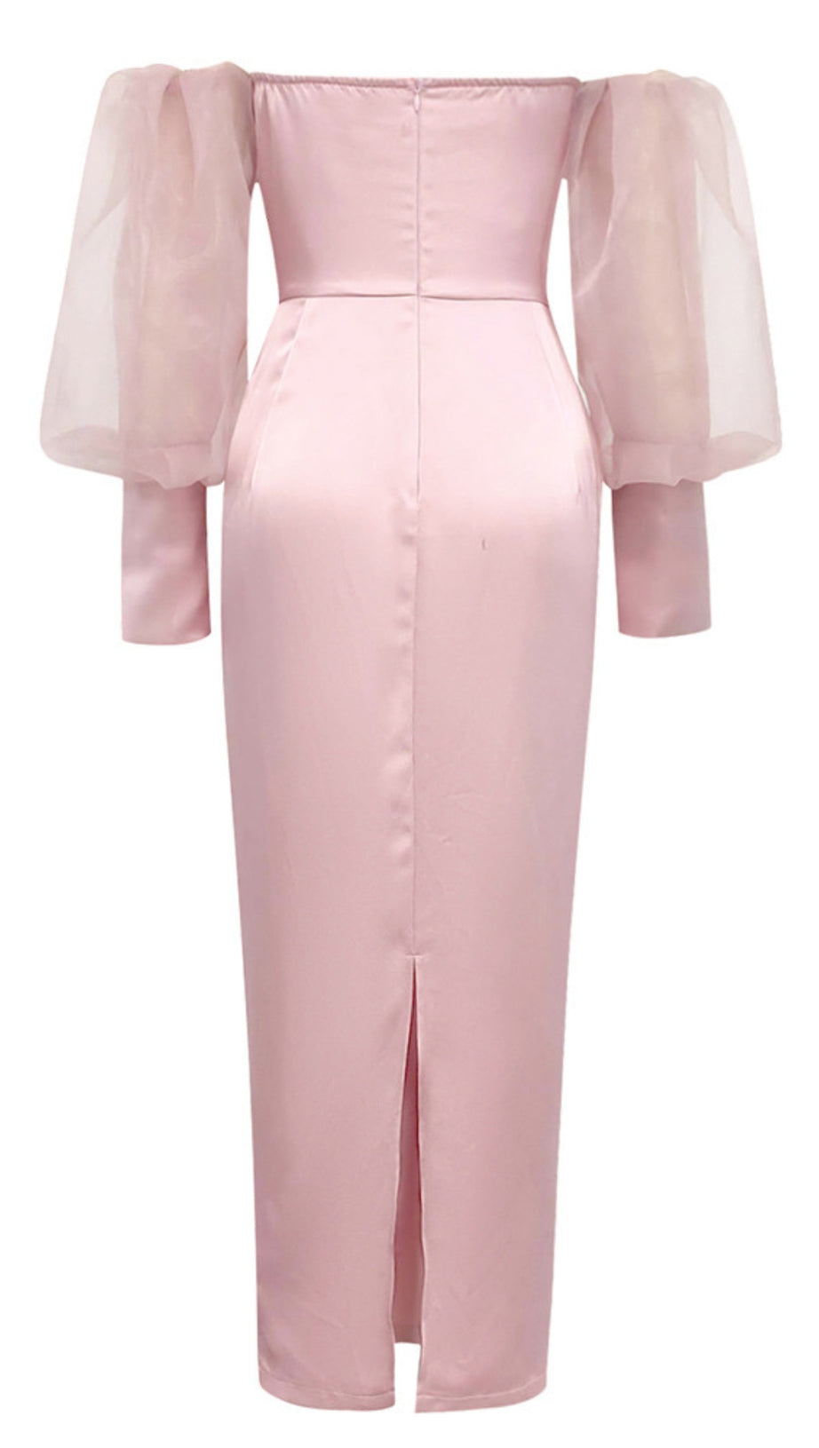 Schulterfreies Satin-Midikleid mit Organza-Ärmeln in Pink