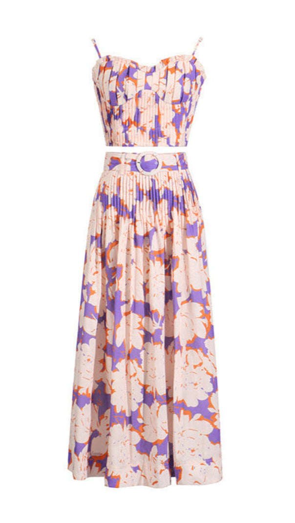 AIIZIE PLEATED FLORAL-PRINT LINEN BUSTIER TOP SKIRT SET IN BLUE - product image
