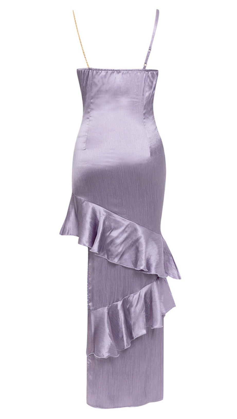 SATIN RUFFLED ASYMMETRIC MIDI DRESS IN LAVENDER