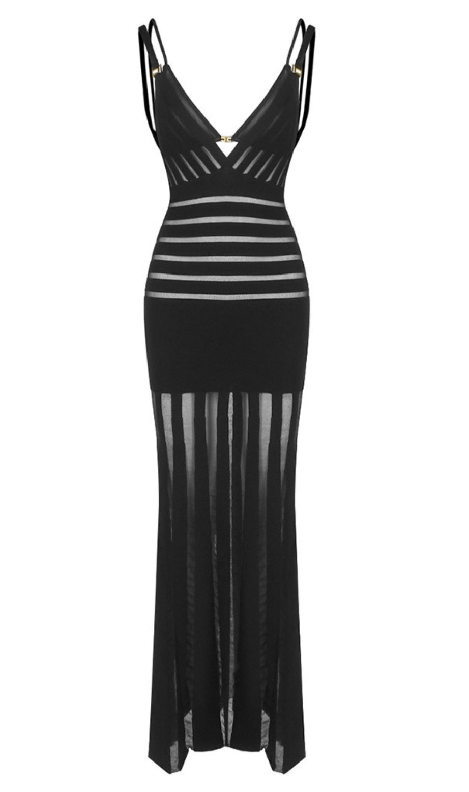Sheer Striped Double Strap Maxi Dress in Black
