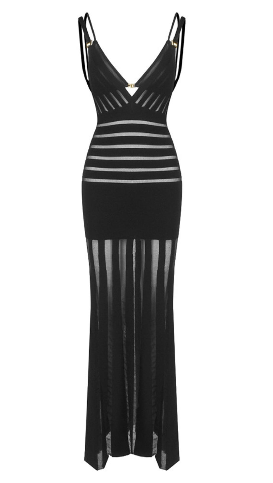 SHEER STRIPED DOUBLE STRAP MAXI DRESS IN BLACK