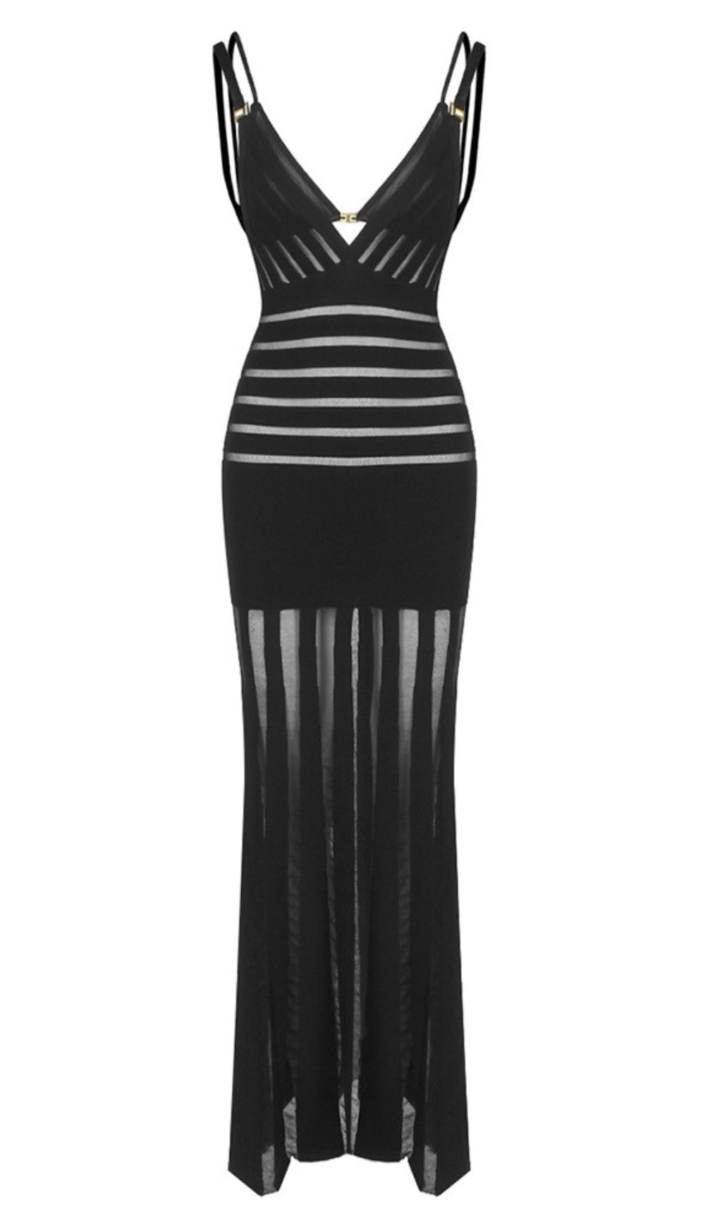 SHEER STRIPED DOUBLE STRAP MAXI DRESS IN BLACK
