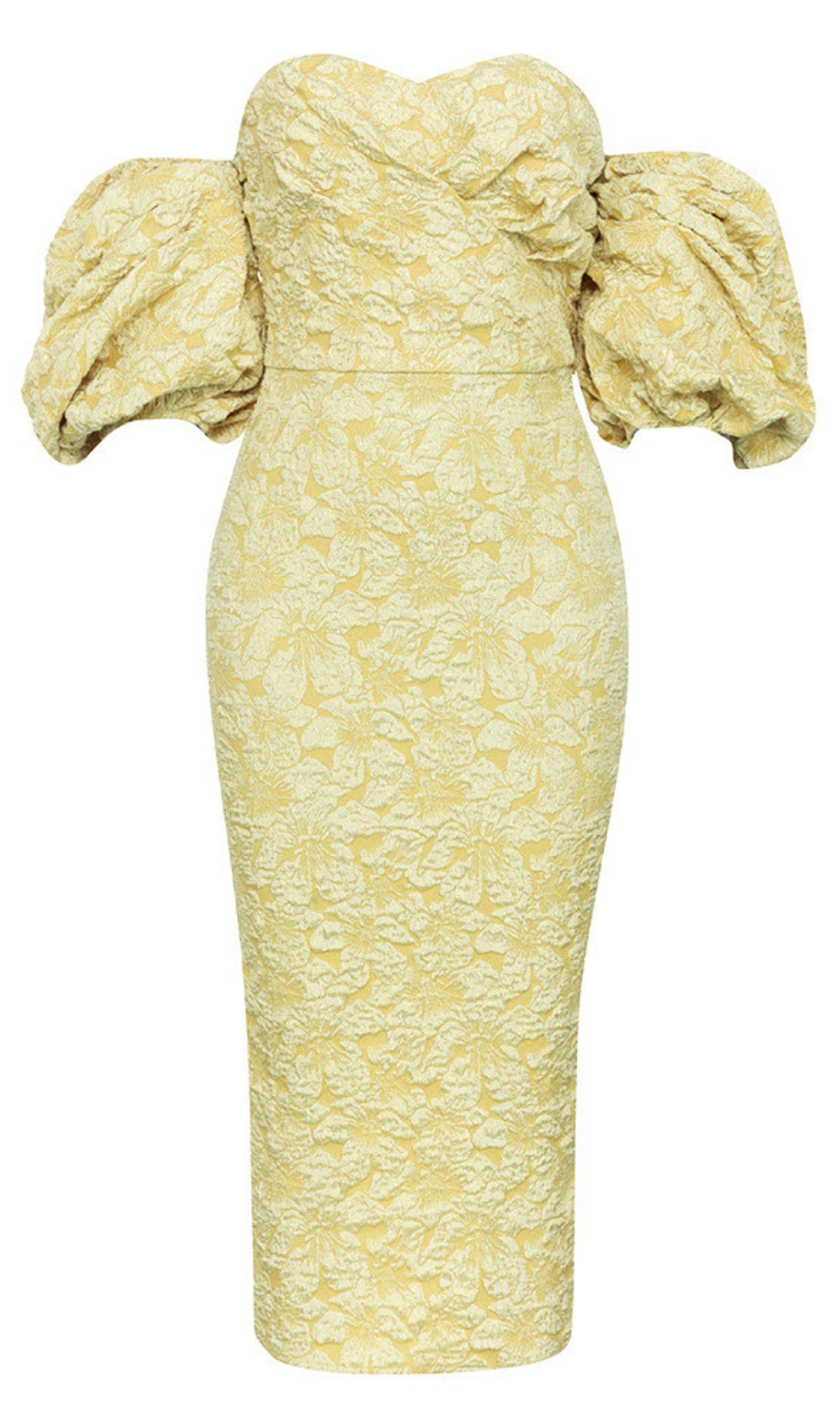Floral - Jacquard Off - Shoulder Midi Dress in Yellow