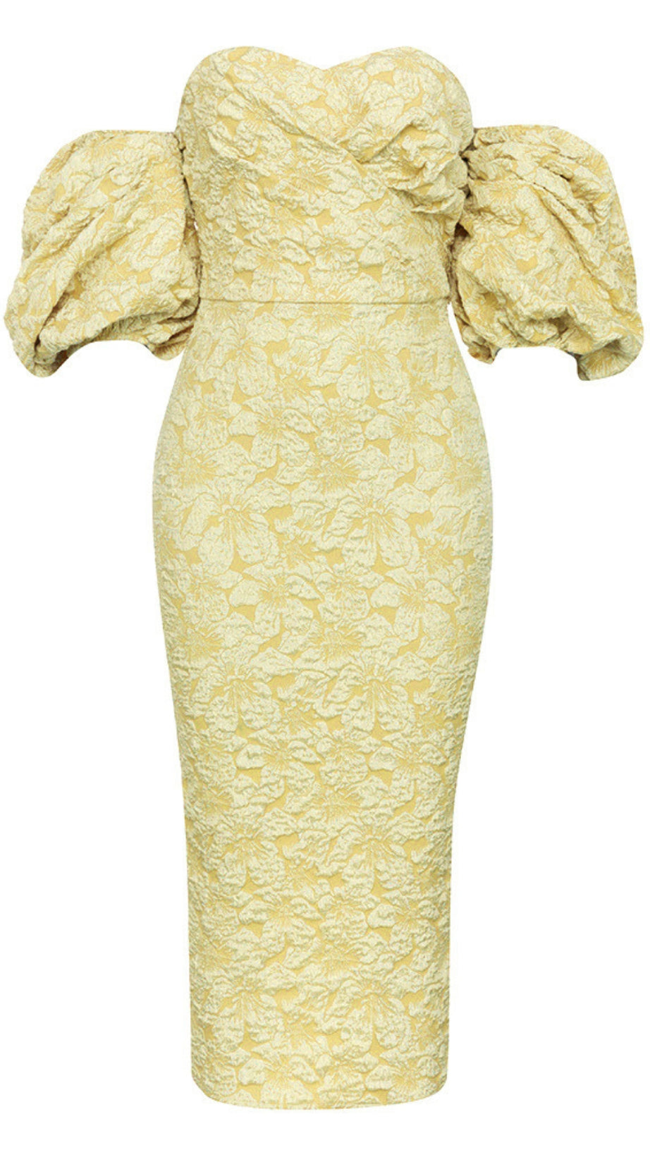 FLORAL - JACQUARD OFF - SHOULDER MIDI DRESS IN YELLOW