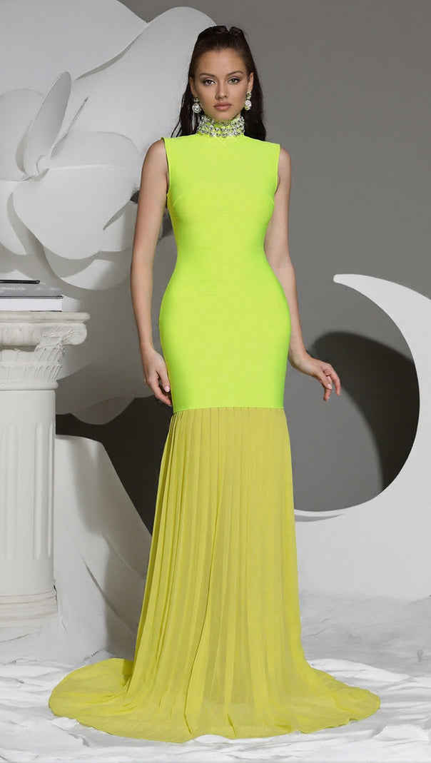 AIIZIE AMY MESH STITCHING DIAMOND HIGH COLLAR BANDAGE MAXI DRESS IN GREEN - product image