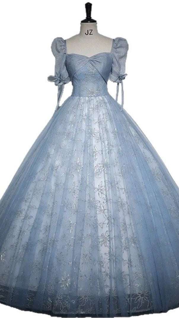 AIIZIE DUSTY BLUE FLORAL TULLE BALL GOWN PUFF SLEEVE PRINCESS DRESS - product image
