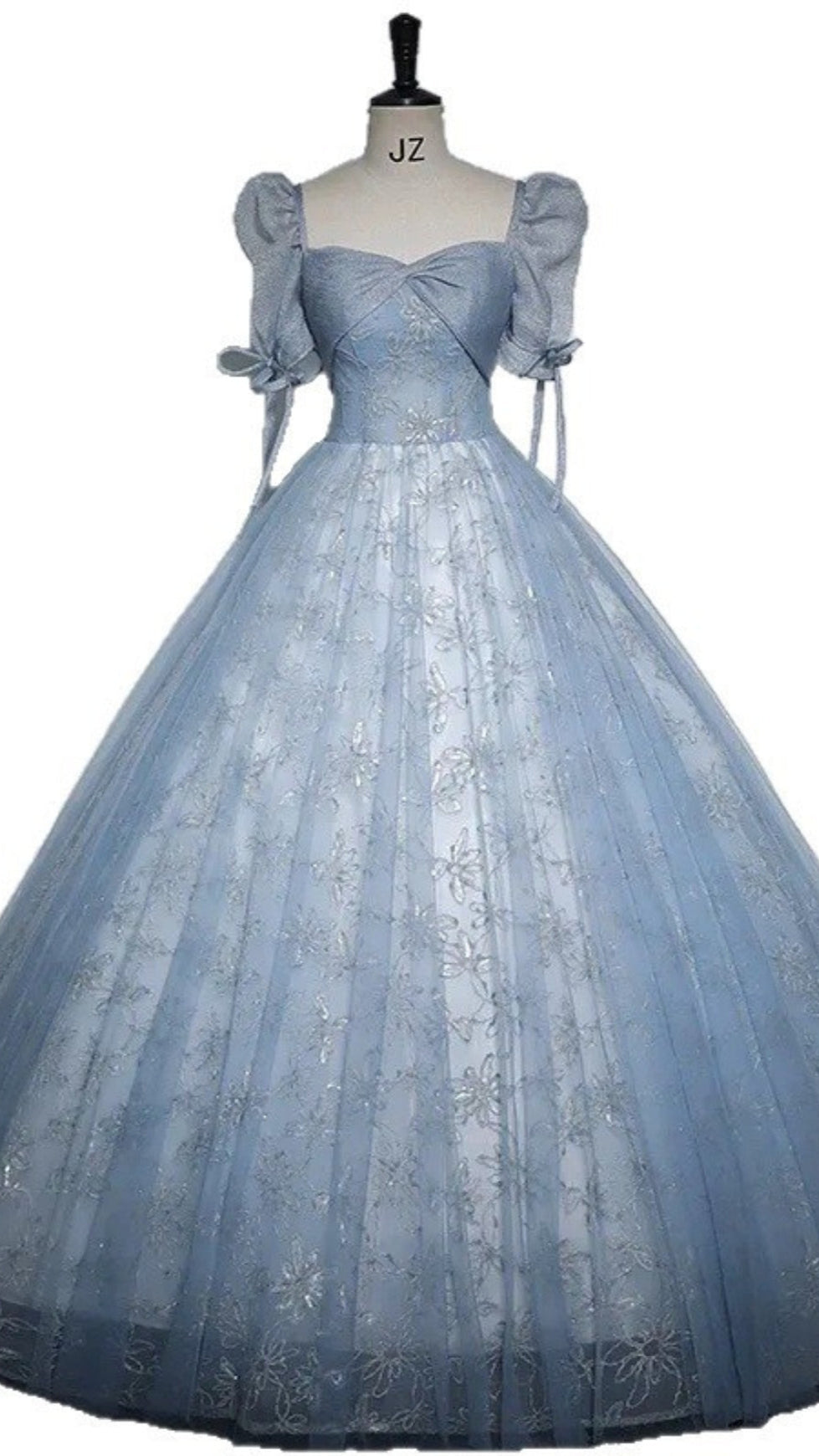 DUSTY BLUE FLORAL TULLE BALL GOWN PUFF SLEEVE PRINCESS DRESS