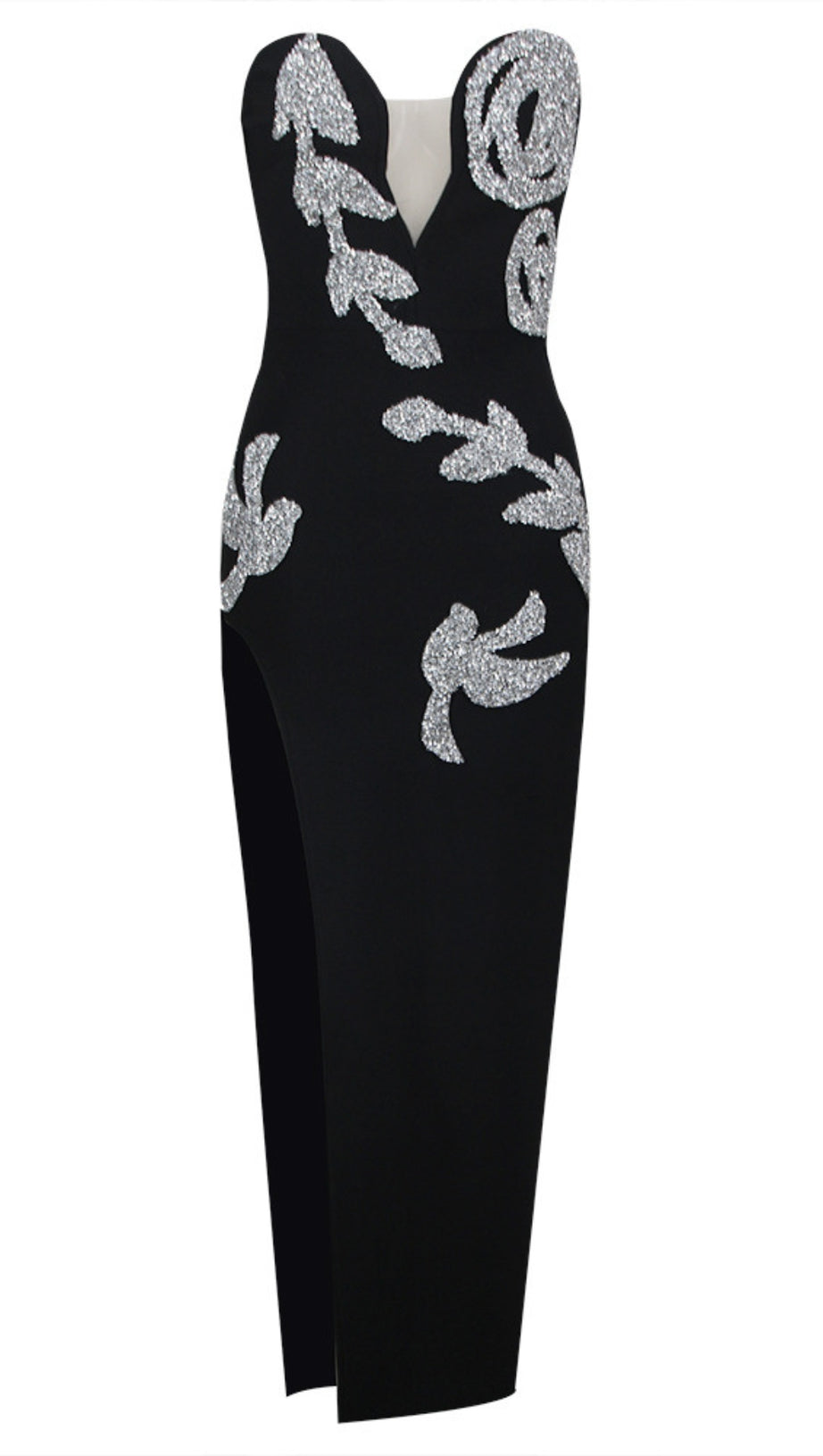STRAPLESS SILVER - SEQUIN FLORAL - BIRD SLIT MAXI DRESS IN BLACK
