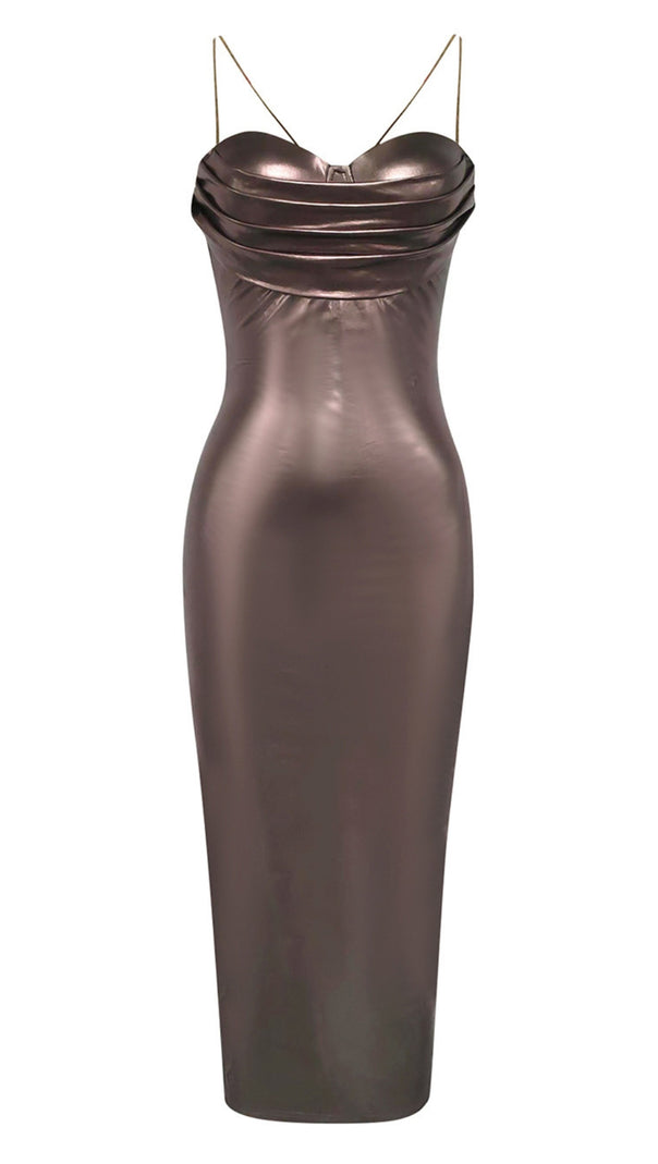 AIIZIE SATIN COWL - NECK STRAPPY MIDI DRESS IN BRONZE - product image