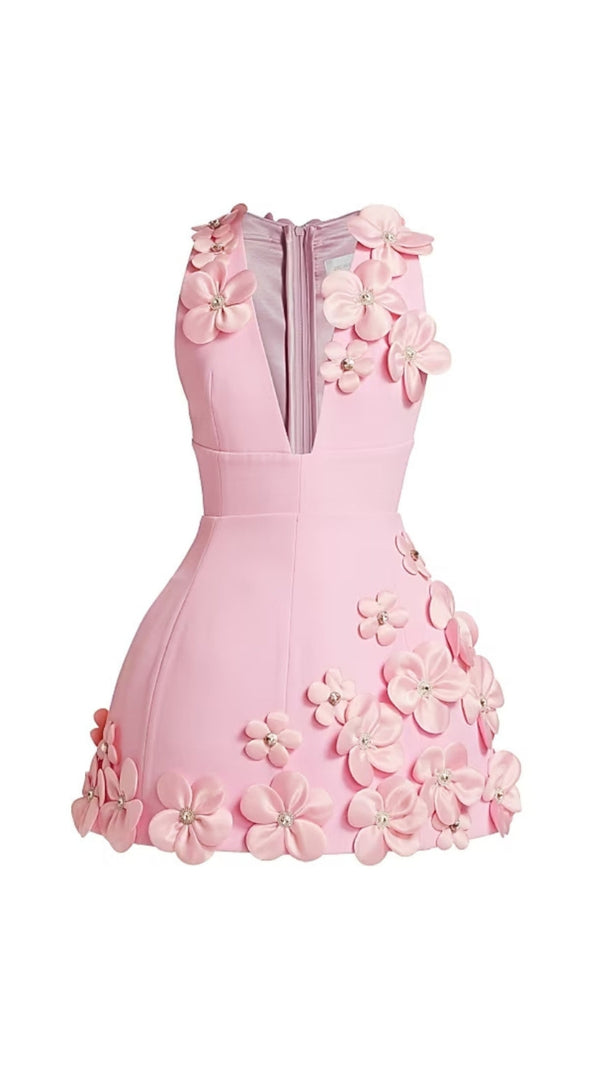 AIIZIE CYNTHIA 3D FLOWER V-NECK SLEEVELESS BODYCON MINI DRESS IN PINK - product image