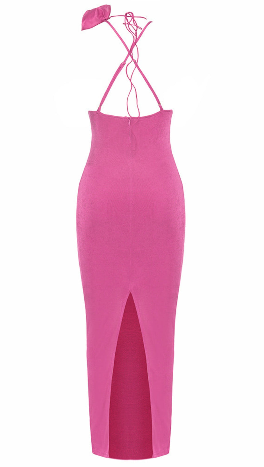 HALTER NECK FLOWER - ACCENT RUFFLED MIDI DRESS IN PINK