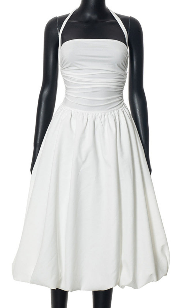 AIIZIE HALTER NECK RUCHED FLOWY MIDI DRESS IN WHITE - product image