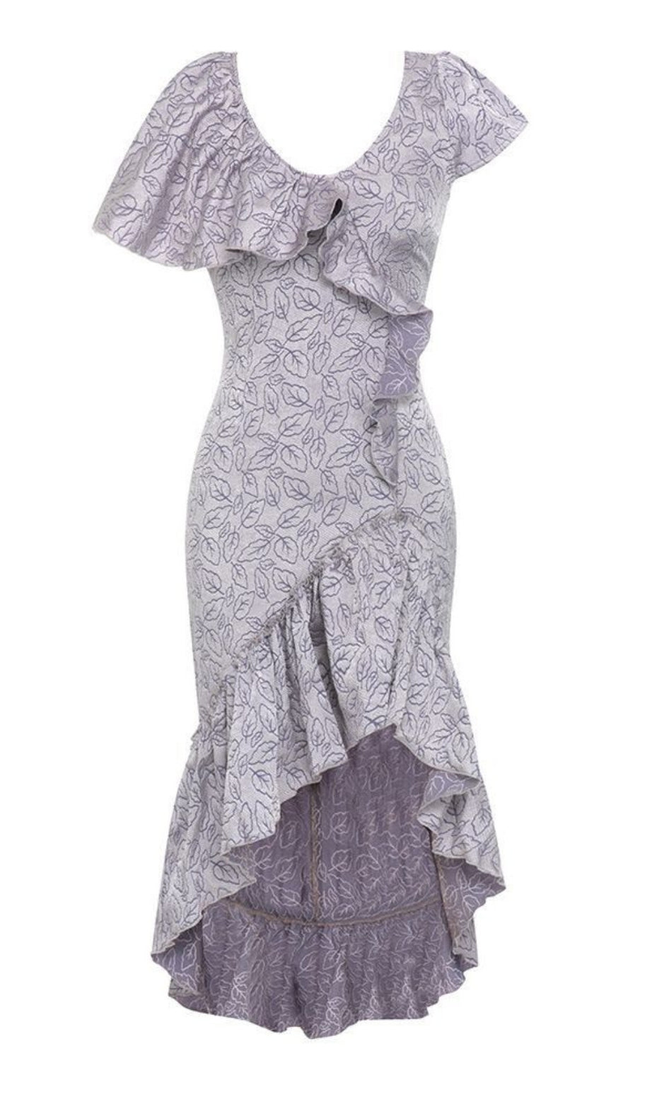 Abito midi asimmetrico con volant e stampa floreale color lavanda