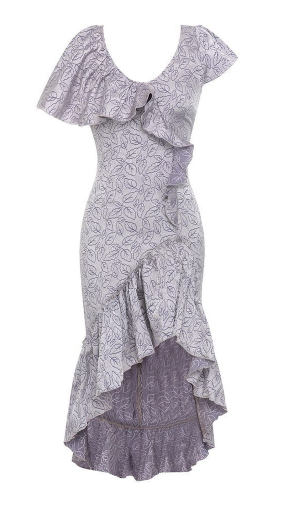 FLORAL - PRINT RUFFLED ASYMMETRIC MIDI DRESS IN LAVENDER