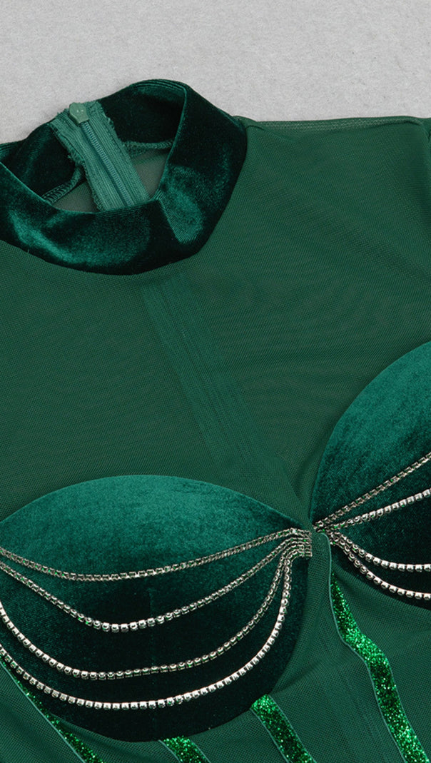 AIIZIE MESH - SLEEVE VELVET BEADED MAXI DRESS IN DARK GREEN - product image