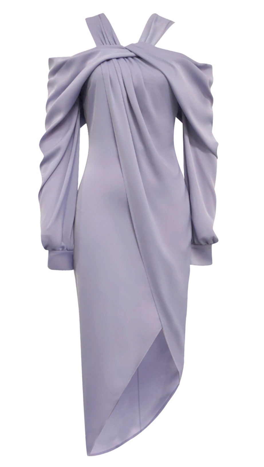 Drapiertes, asymmetrisches Midikleid mit kalten Schultern in Flieder 