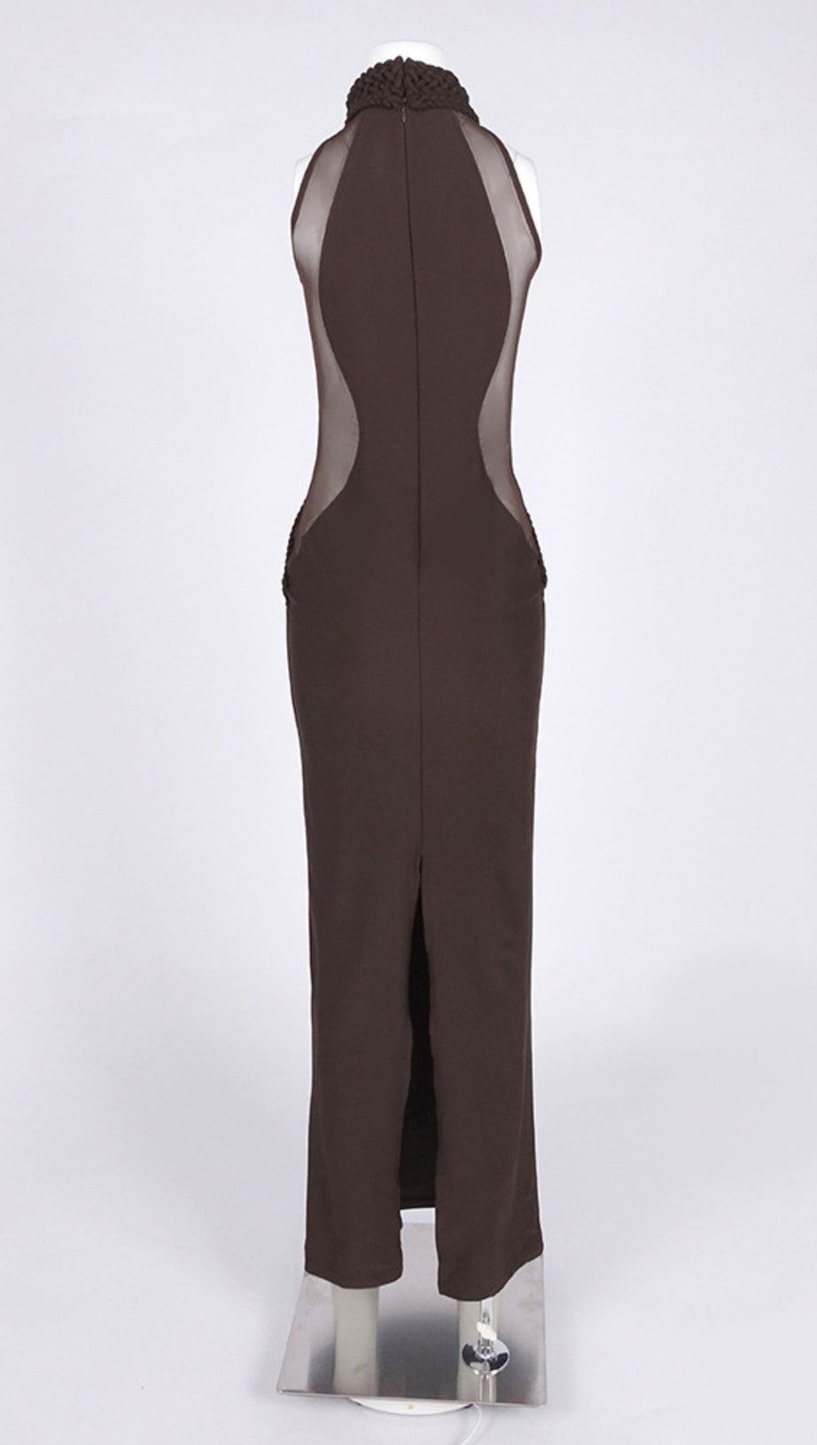 HALTER NECK MESH PANELED MAXI DRESS IN BROWN