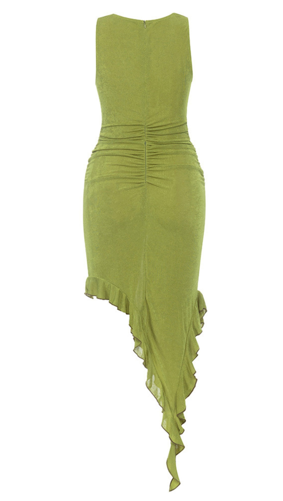 RUCHED ASYMMETRIC RUFFLE - HEM MIDI DRESS IN GREEN