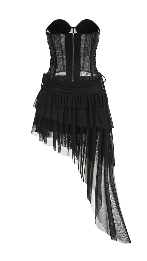 AIIZIE BLACK CORSET TOP & IRREGULAR MESH SKIRT TWO PIECES SET - product image