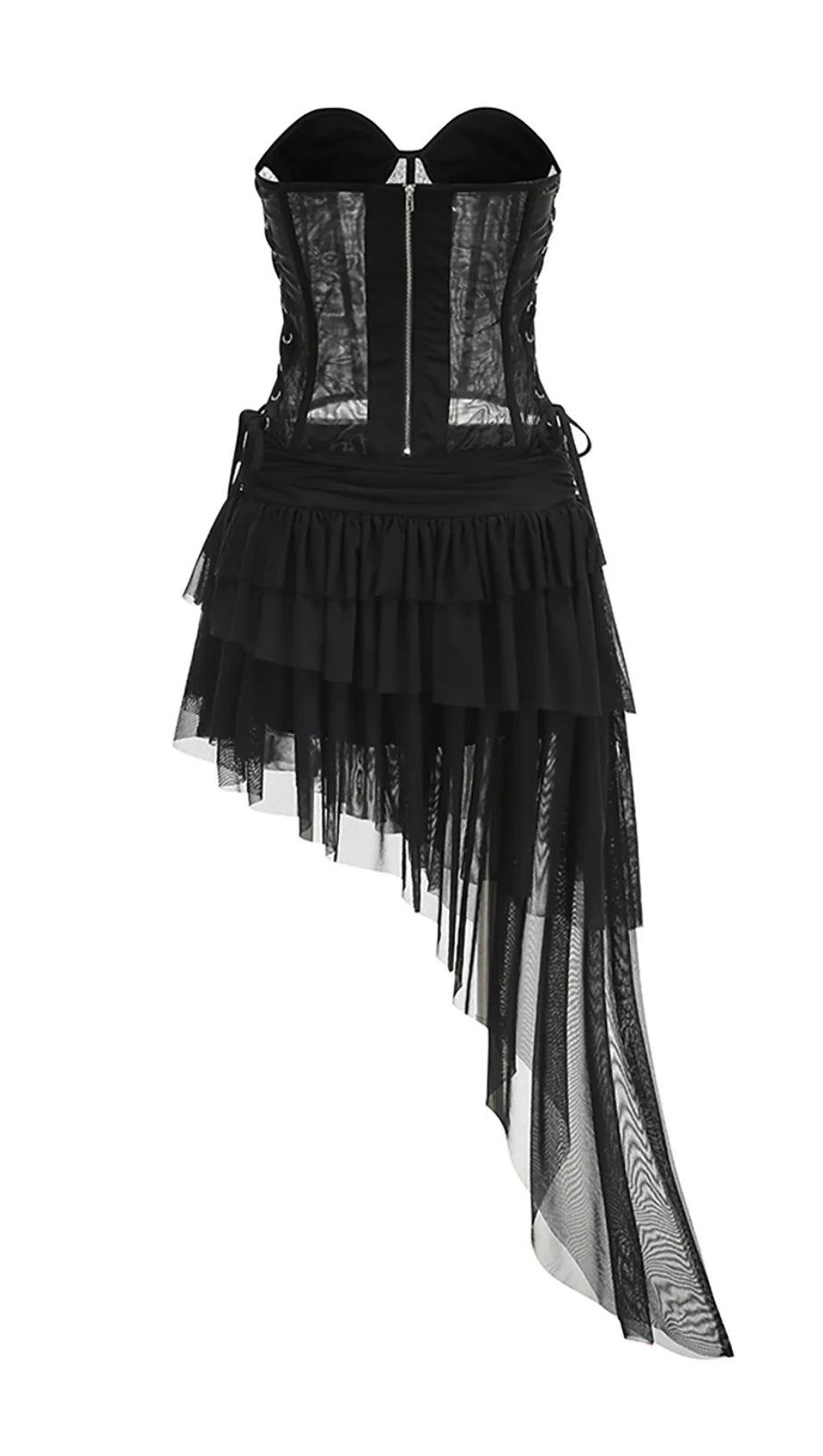 BLACK CORSET TOP & IRREGULAR MESH SKIRT TWO PIECES SET