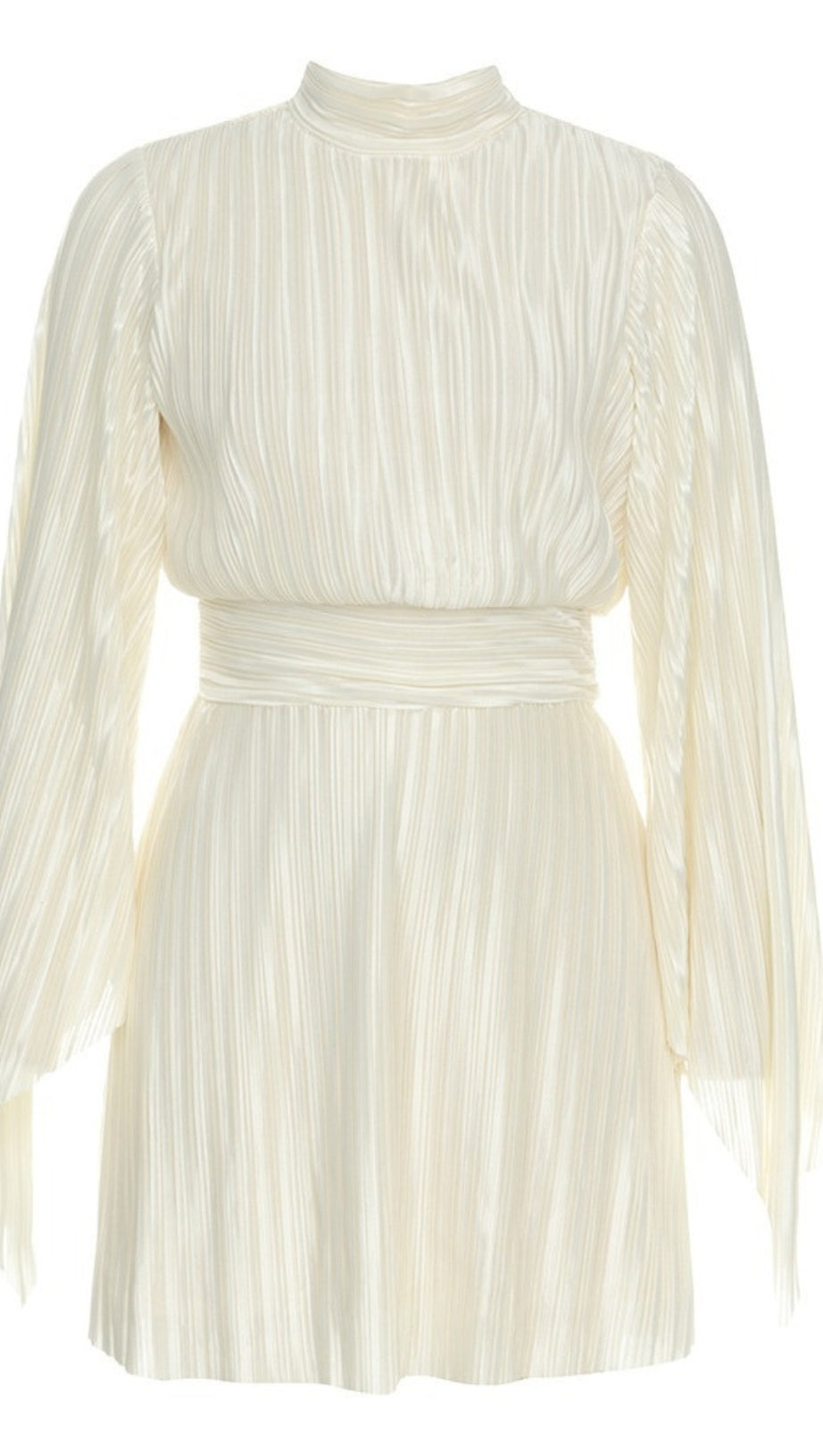 PLEATED MOCK NECK BELTED MINI DRESS IN WHITE