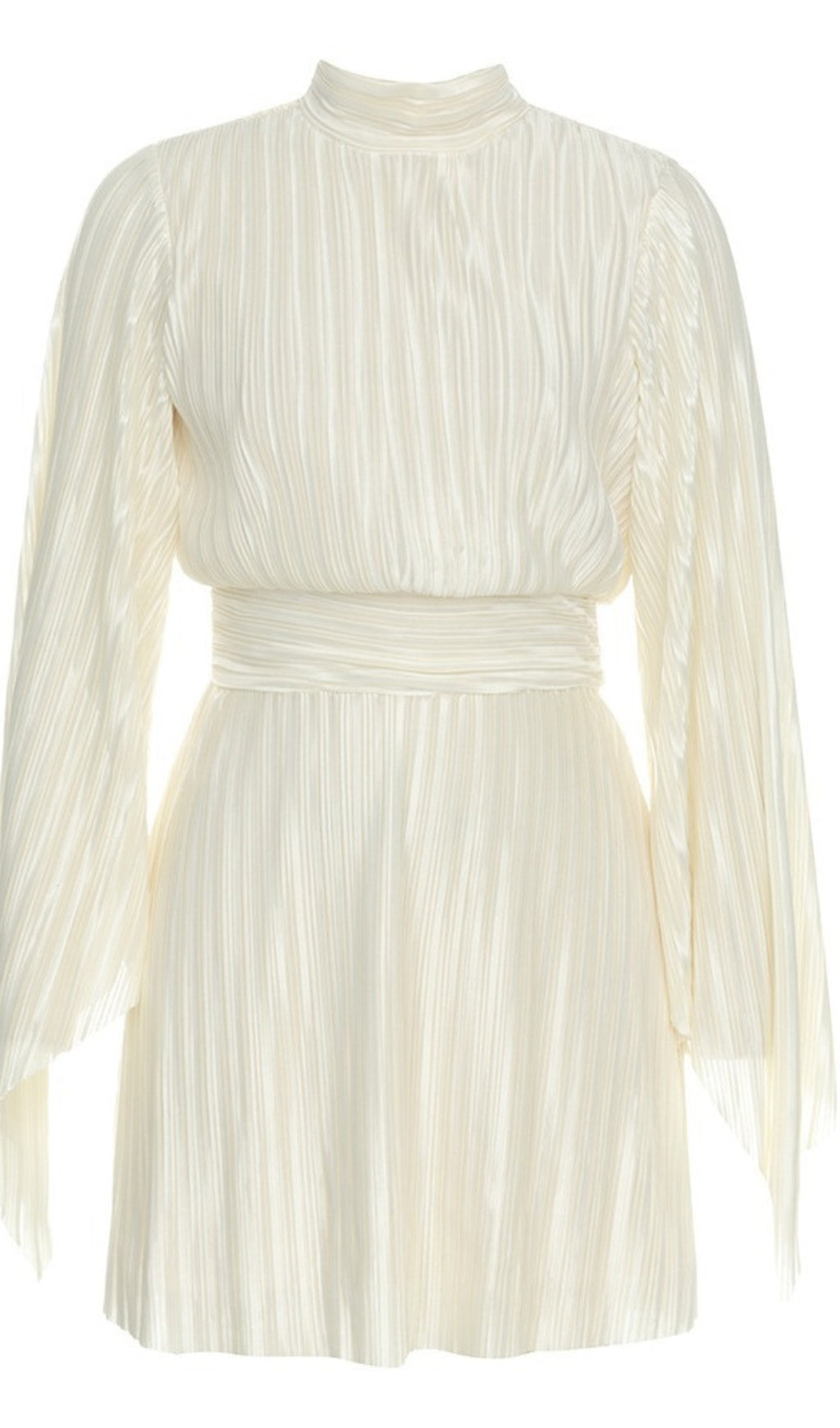 Plissiertes Minikleid mit Stehkragen und Gürtel in Weiß