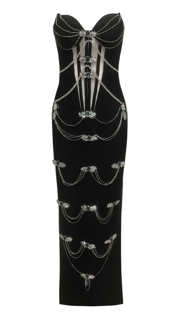 AIIZIE STRAPLESS BLACK RHINESTONE CORSET MAXI DRESS - product image