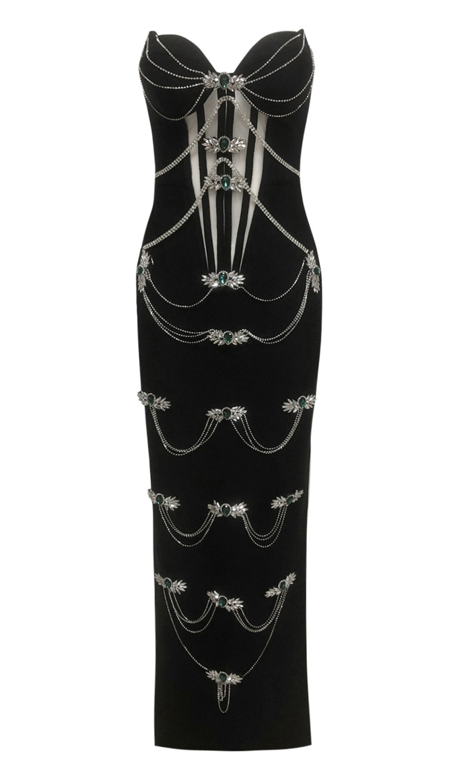 STRAPLESS BLACK RHINESTONE CORSET MAXI DRESS