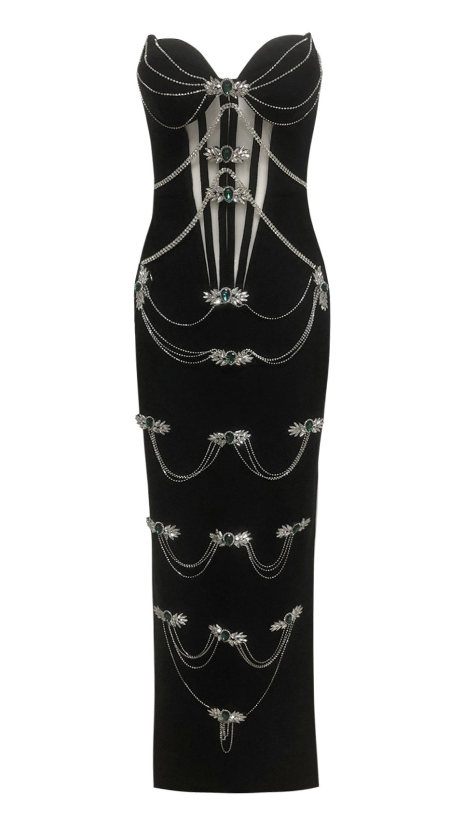 STRAPLESS BLACK RHINESTONE CORSET MAXI DRESS