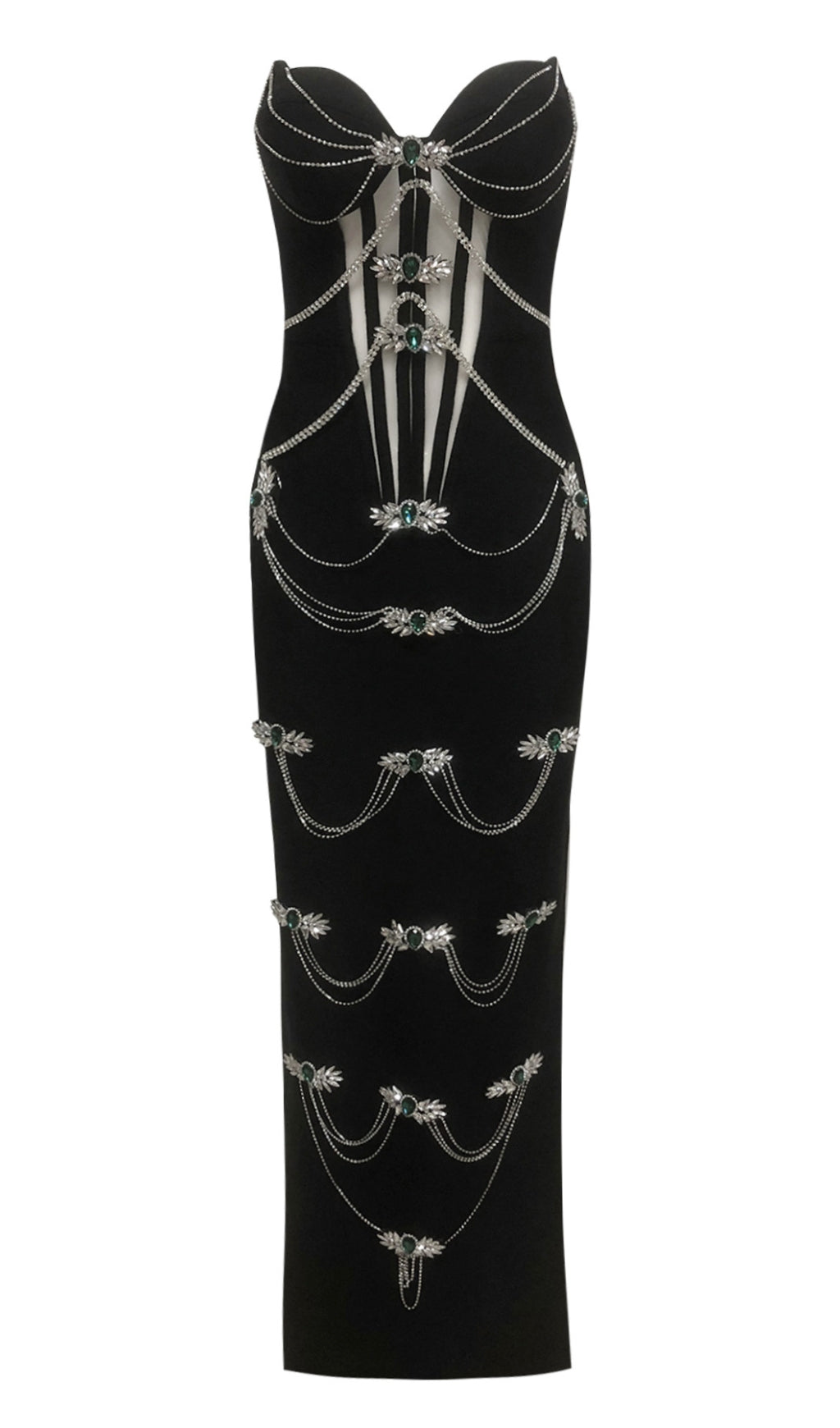 STRAPLESS BLACK RHINESTONE CORSET MAXI DRESS