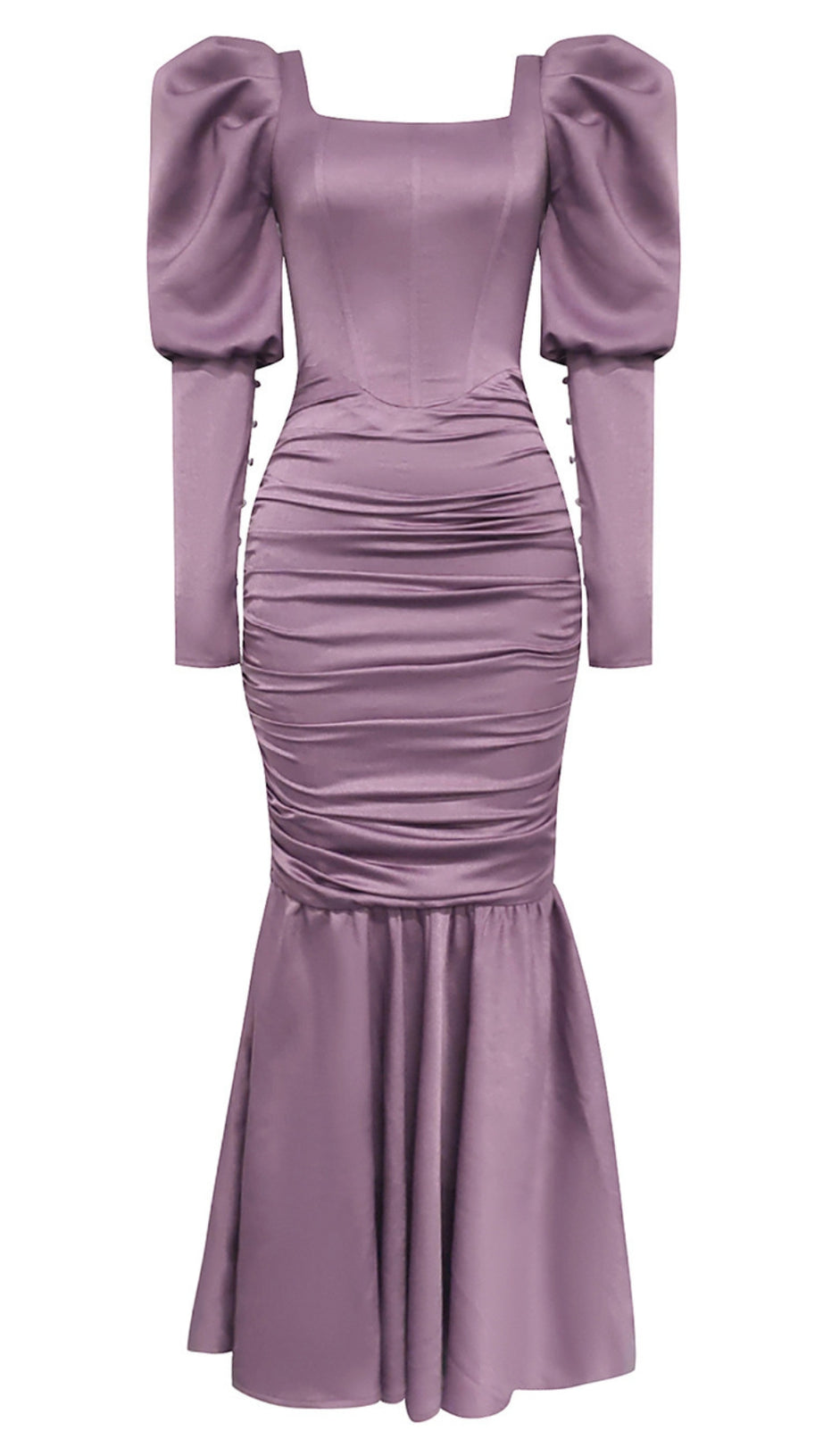 PUFF - SLEEVE RUCHED MERMAID MAXI DRESS IN LILAC